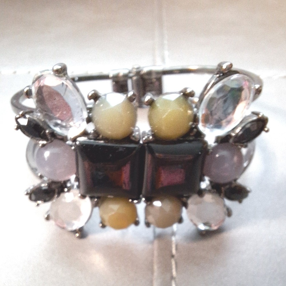Cuff clapper bracelet chunky cluster glass stones purple lavender mustard